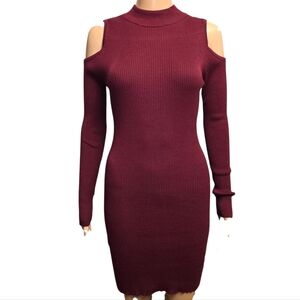 Burgundy Ribbed Cold Shoulder Bodycon Sweater Dress Slim Large